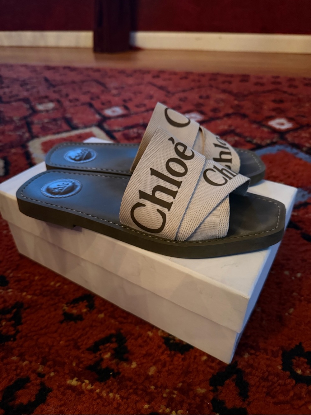 Authentic Chloé Logo Canvas Slide Sandals in Beige and Olive